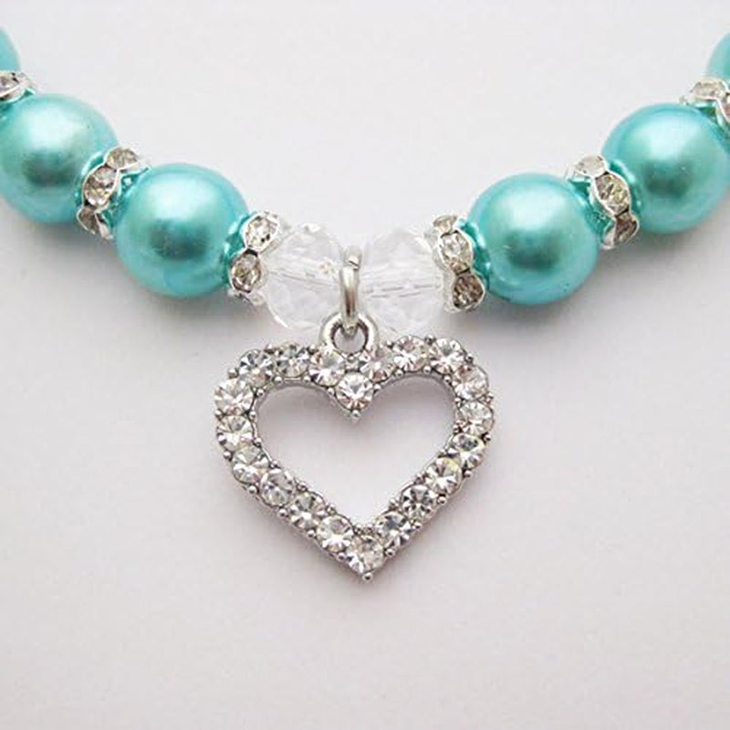 Engraved Crystal Heart Dog Necklace Jewelry with Bling Pearls Rhinestones Charm for Pets Cats Small Dogs Girl Teacup Chihuahua Yorkie Clothes Costume Outfits (Blue, 10 to 12-Inch)