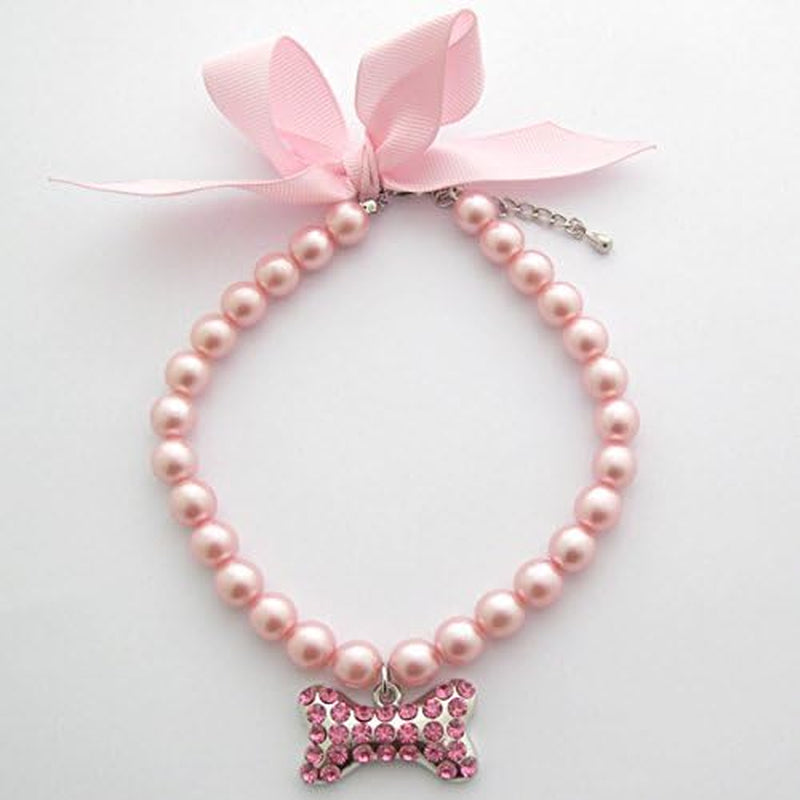 Fancy Pearls Crystal Dog Necklace Jewelry with Bling Rhinestones Big Bone Charm for Pets Cats Small Dogs Girl Teacup Chihuahua Yorkie Clothes Costume Outfits (Pink, 12 to 13.7-Inch)