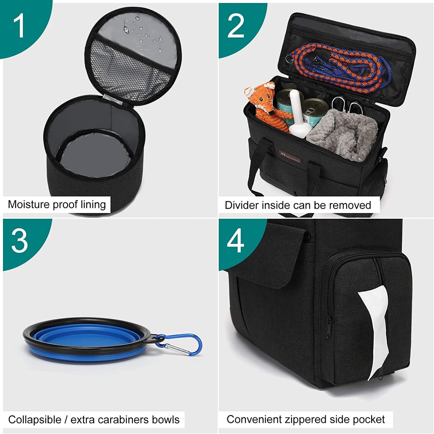 Dog Travel Bag by - Dog Travel Kit for a Weekend Away Set Includes Pet Travel Bag Organizer for Accessories, 2 Collapsible Bowls, 2 Travel Food Container (Black)