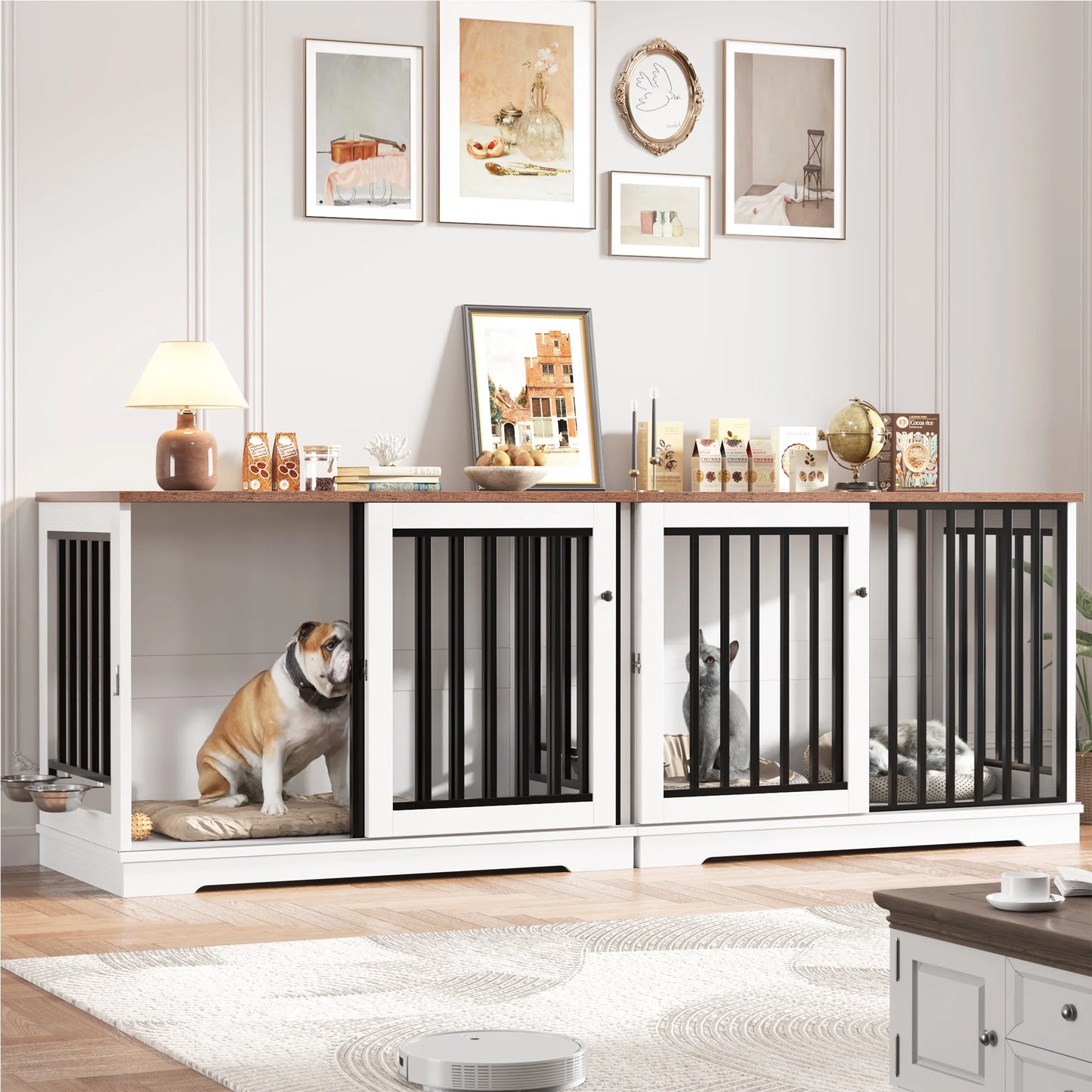 Dog Crate Furniture, 47.2''W Wooden Indoor Dog Cage Table with Sliding & Lockable Doors, White