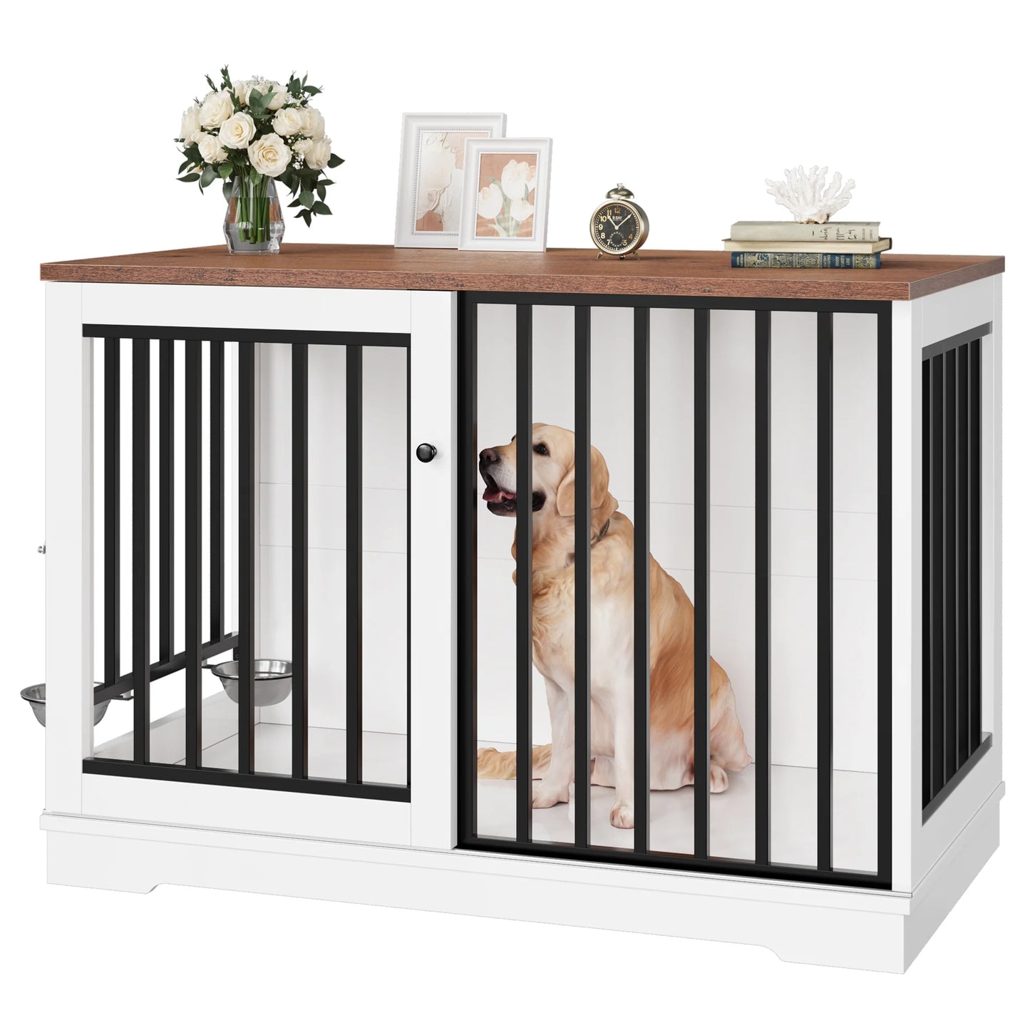 Dog Crate Furniture, 47.2''W Wooden Indoor Dog Cage Table with Sliding & Lockable Doors, White