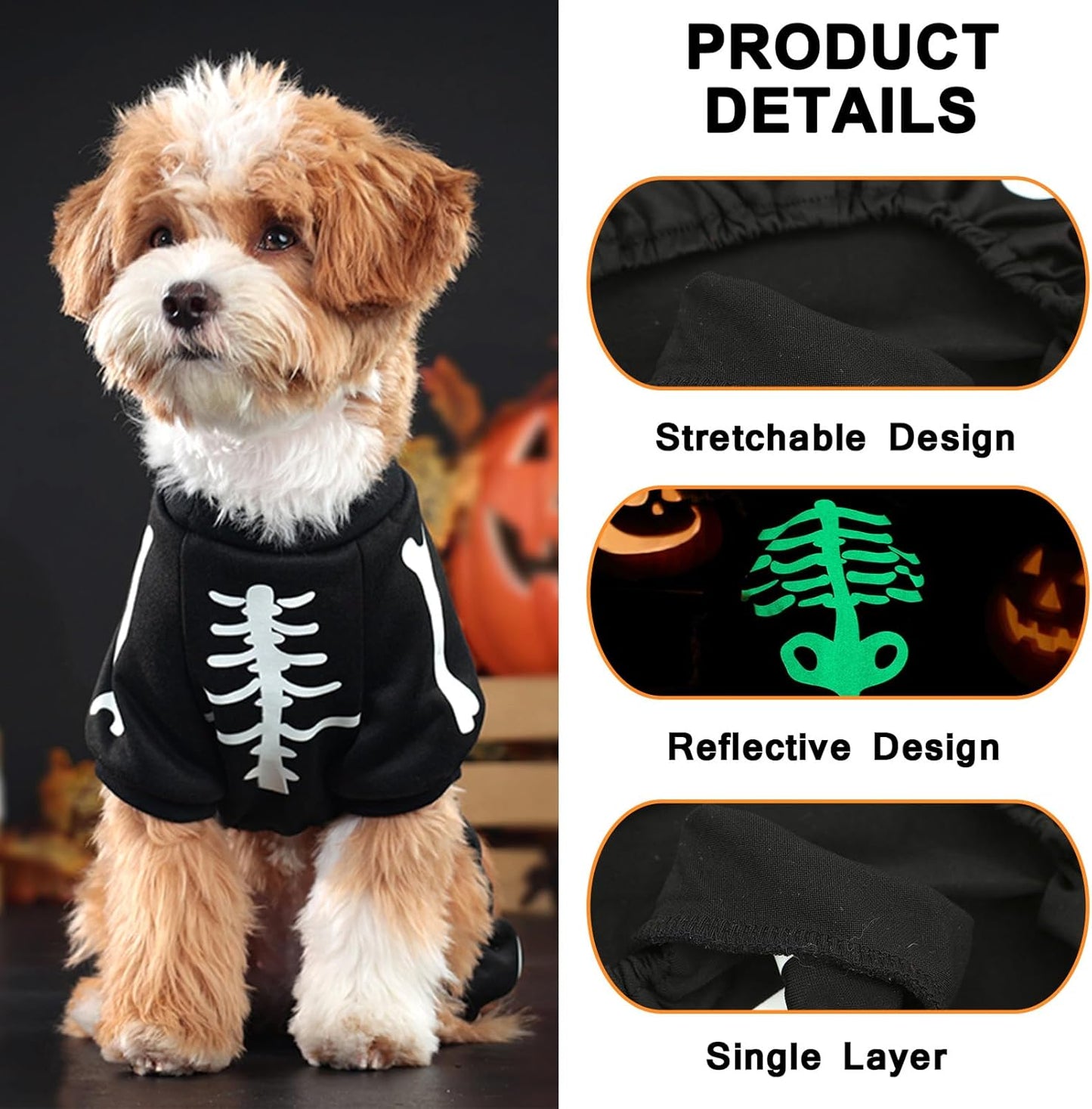 Halloween Dog Costumes for Small Dog Glow in the Dark Skeleton Pet Jumpsuit Skull Puppy Pajamas Breathable Stretchy Halloween Holiday Cosplay Party Apparel