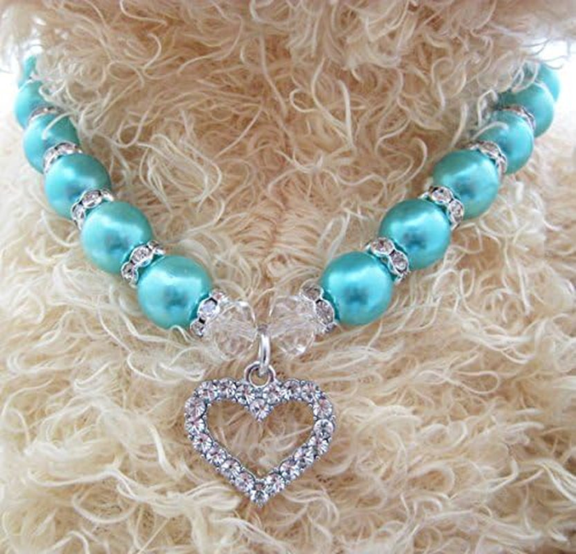 Engraved Crystal Heart Dog Necklace Jewelry with Bling Pearls Rhinestones Charm for Pets Cats Small Dogs Girl Teacup Chihuahua Yorkie Clothes Costume Outfits (Blue, 10 to 12-Inch)
