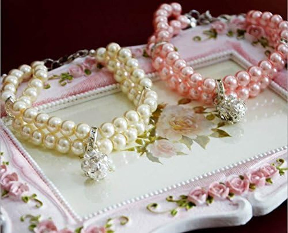 2 Row Pearls Rhinestones Pet Cat Dog Necklace Collar Jewelry with Bling Crystal Ball Charm for Pets Cats Small Dogs Female Puppy Chihuahua Yorkie Girls (White, 8 to 10-Inch)