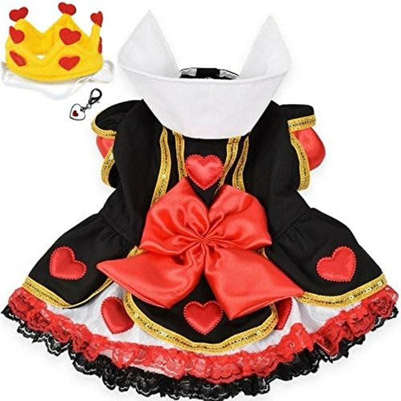 Queen of Hearts Costume Dress with Charm and Heart Crown Headpiece – for Dogs – Sizes XS Thru L (S/M – Chest 14-16”, Neck 9-10.5”, Back 10.75", Red/Black)
