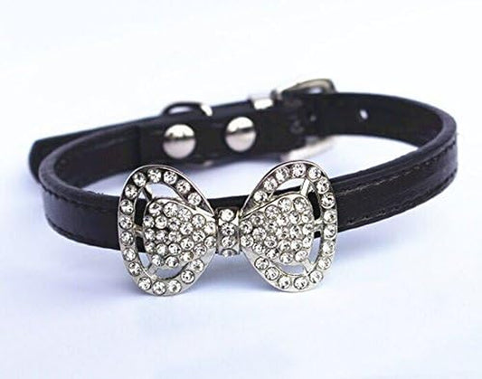 Leather Rhinestone Bow Tie Pet Cat Dog Collar Necklace Jewelry for Small Dogs Girl Kitten Puppy Teacup Chihuahua Yorkie Clothes Costume Outfits (8.7 to 10.7-Inch, Black)