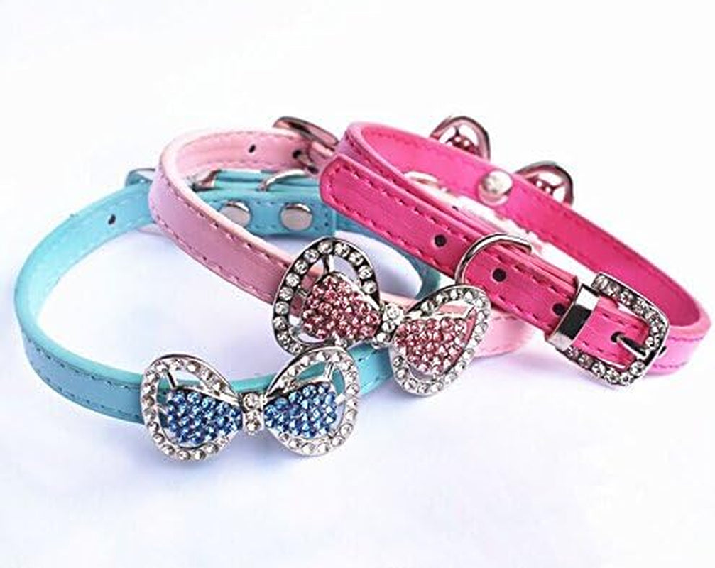Leather Rhinestone Bow Tie Pet Cat Dog Collar Necklace Jewelry for Small Dogs Girl Kitten Puppy Teacup Chihuahua Yorkie Clothes Costume Outfits (8.7 to 10.7-Inch, Blue)