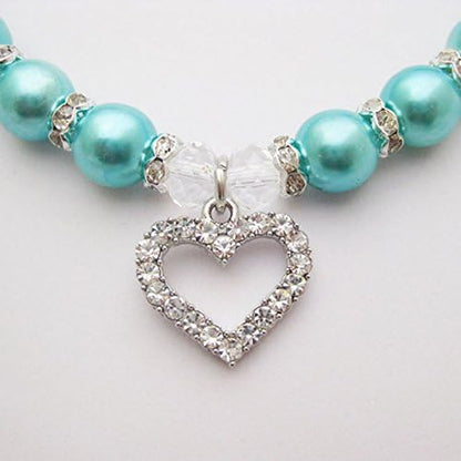 Engraved Crystal Heart Dog Necklace Jewelry with Bling Pearls Rhinestones Charm for Pets Cats Small Dogs Girl Teacup Chihuahua Yorkie Clothes Costume Outfits (Blue, 10 to 12-Inch)