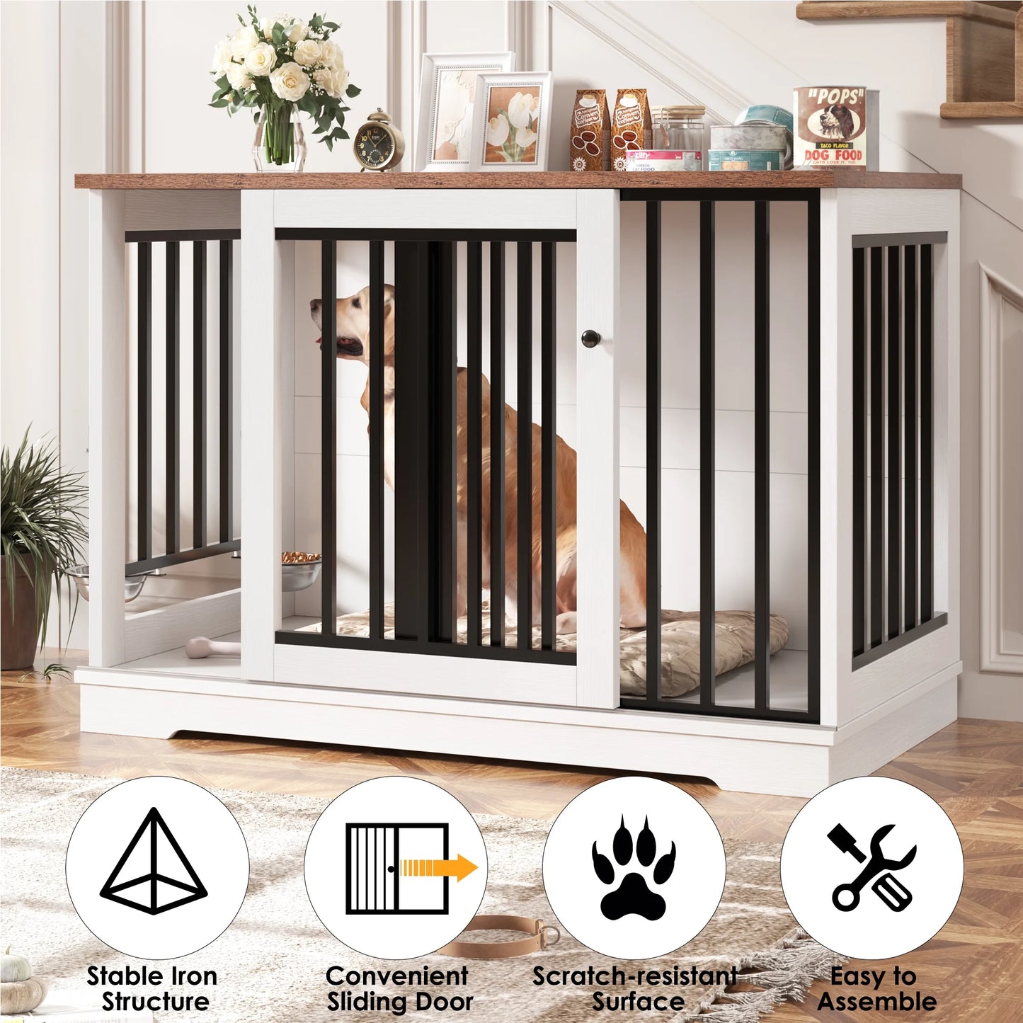 Dog Crate Furniture, 47.2''W Wooden Indoor Dog Cage Table with Sliding & Lockable Doors, White