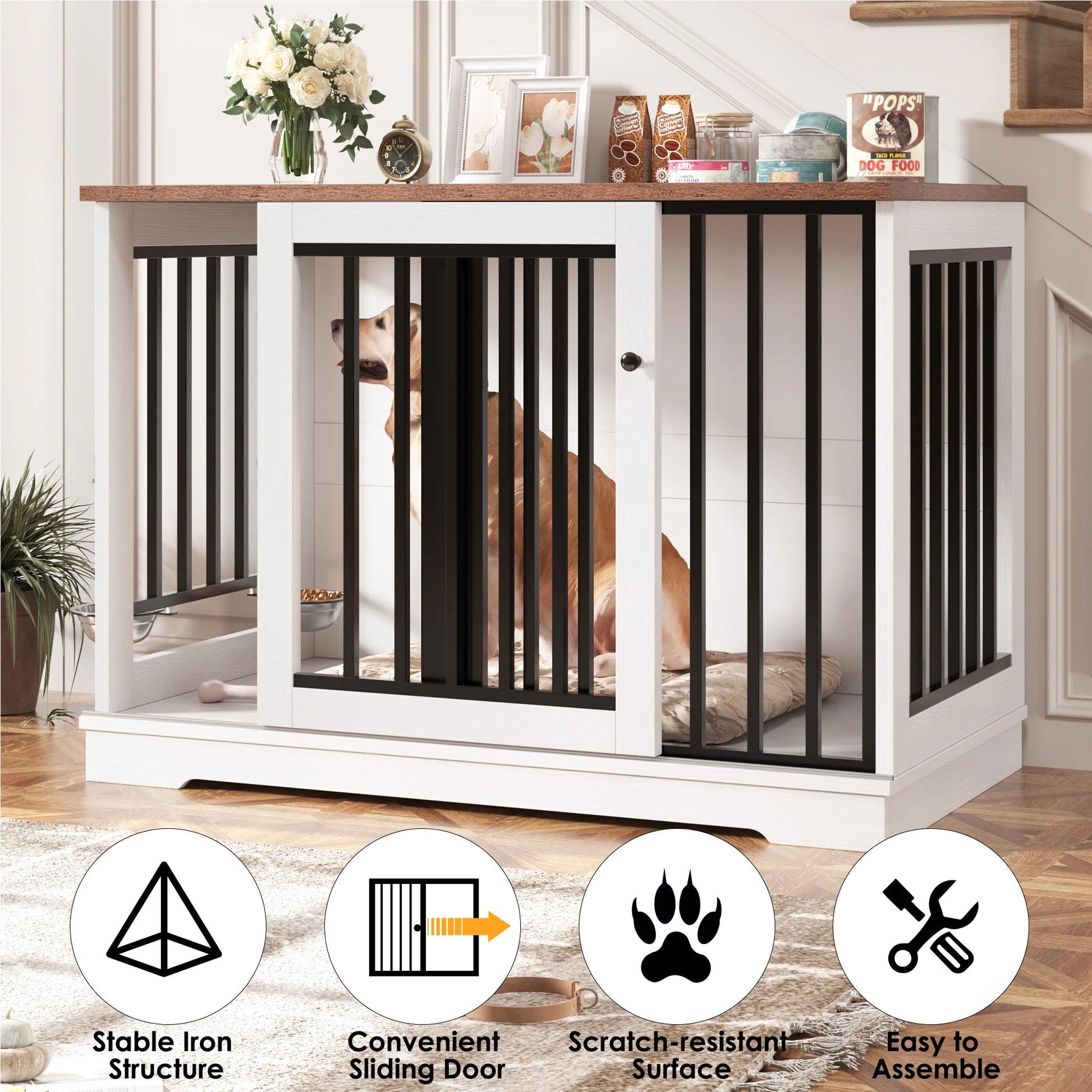 Dog Crate Furniture, 47.2''W Wooden Indoor Dog Cage Table with Sliding & Lockable Doors, White