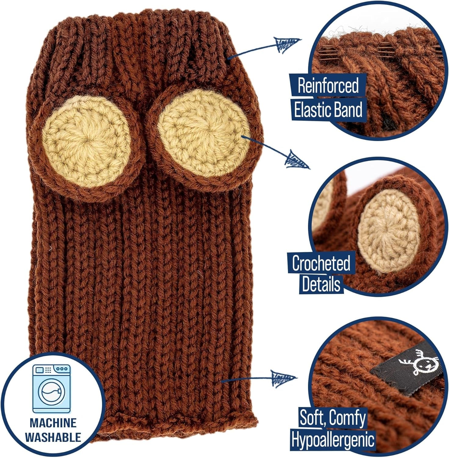 Grizzly Bear Costume - Warm Knit Dog Snood Wrap for Pets, Neck Ear Cover Protection, Halloween Winter (Small)