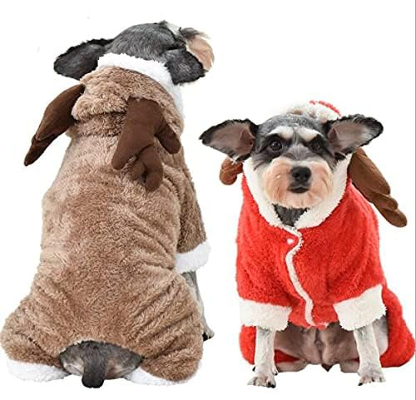 Cute Cartoon Elk Pet Costume Halloween Christmas Reindeer Cosplay Outfit Soft Warm Coral Velvet Fleece Pet Jumpsuit Winter Hooded Coat Kitten Puppy Clothes Pet Apparel for Small Dogs Cats (XL)