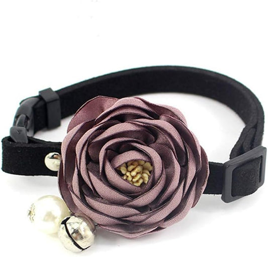 Peony Flower Cat Dog Collar Bow Tie - Suede Puppy Necklace with Bell Pearl - Chihuahua Yorkie Clothes Costume Outfits Accessory, Adjustable and Handmade (Purple, Size XS)