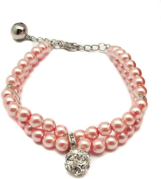 Luxury 2 Row Pearls Rhinestones Pet Cat Dog Necklace Collar Jewelry with Bling Crystal Ball Charm for Pets Cats Small Dogs Female Puppy Chihuahua Yorkie Girls (Pink, 8 to 10-Inch)