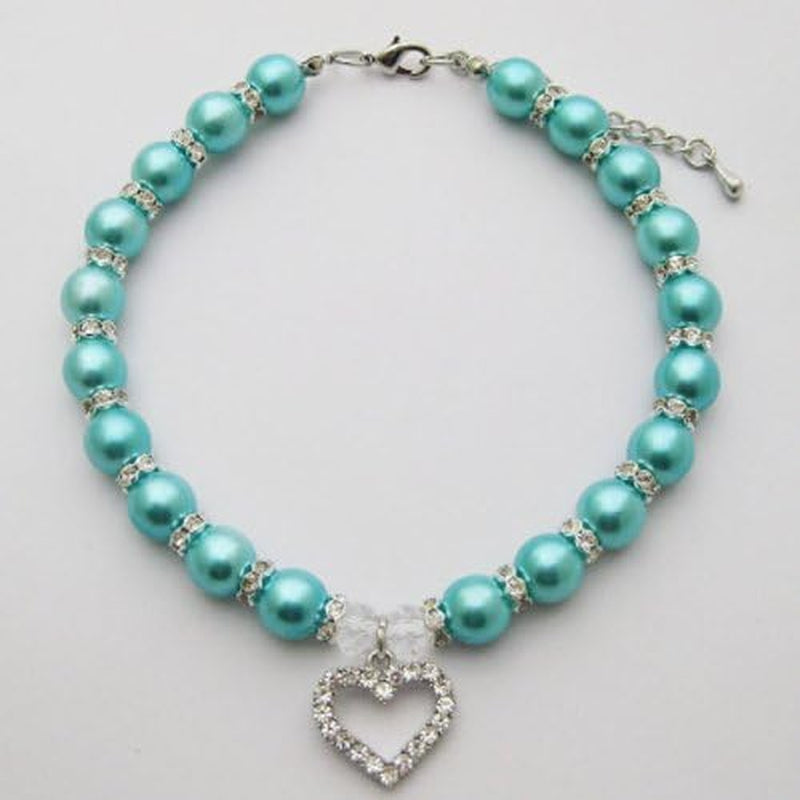 Engraved Crystal Heart Dog Necklace Jewelry with Bling Pearls Rhinestones Charm for Pets Cats Small Dogs Girl Teacup Chihuahua Yorkie Clothes Costume Outfits (Blue, 10 to 12-Inch)
