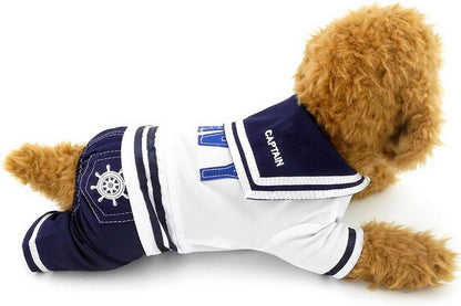 Boy Navy Captain Costume Jumpsuit Seaman Outfits for Small Dog Cat Puppy Tee Shirts with Pants Chihuahua Clothes M