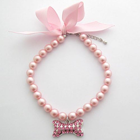 Fancy Pearls Crystal Dog Necklace Jewelry with Bling Rhinestones Big Bone Charm for Pets Cats Small Dogs Girl Teacup Chihuahua Yorkie Clothes Costume Outfits (Pink, 12 to 13.7-Inch)