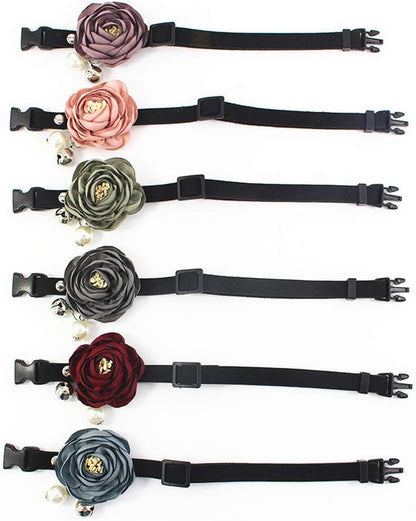 Peony Flower Cat Dog Collar Bow Tie - Suede Puppy Necklace with Bell Pearl - Chihuahua Yorkie Clothes Costume Outfits Accessory, Adjustable and Handmade (Purple, Size XS)