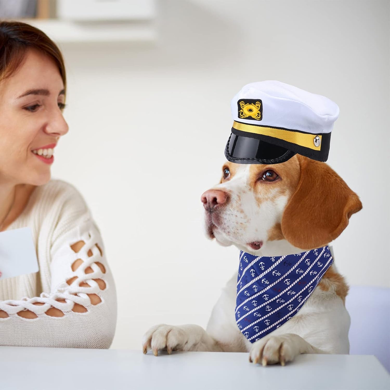 Pet Captain Sailors Costume Set Dog Cat Sea Captain Hat with Pet Anchor Triangle Bibs Scarf for Cat Puppy Navy Halloween Cosplay Costume Accessories Photo Props (White-A)