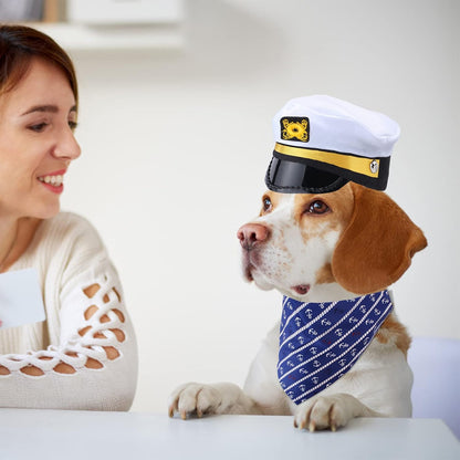 Pet Captain Sailors Costume Set Dog Cat Sea Captain Hat with Pet Anchor Triangle Bibs Scarf for Cat Puppy Navy Halloween Cosplay Costume Accessories Photo Props (White-A)