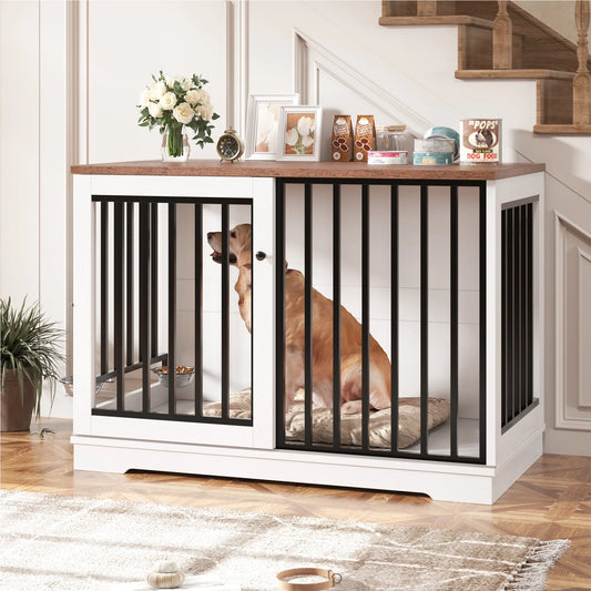 Dog Crate Furniture, 47.2''W Wooden Indoor Dog Cage Table with Sliding & Lockable Doors, White