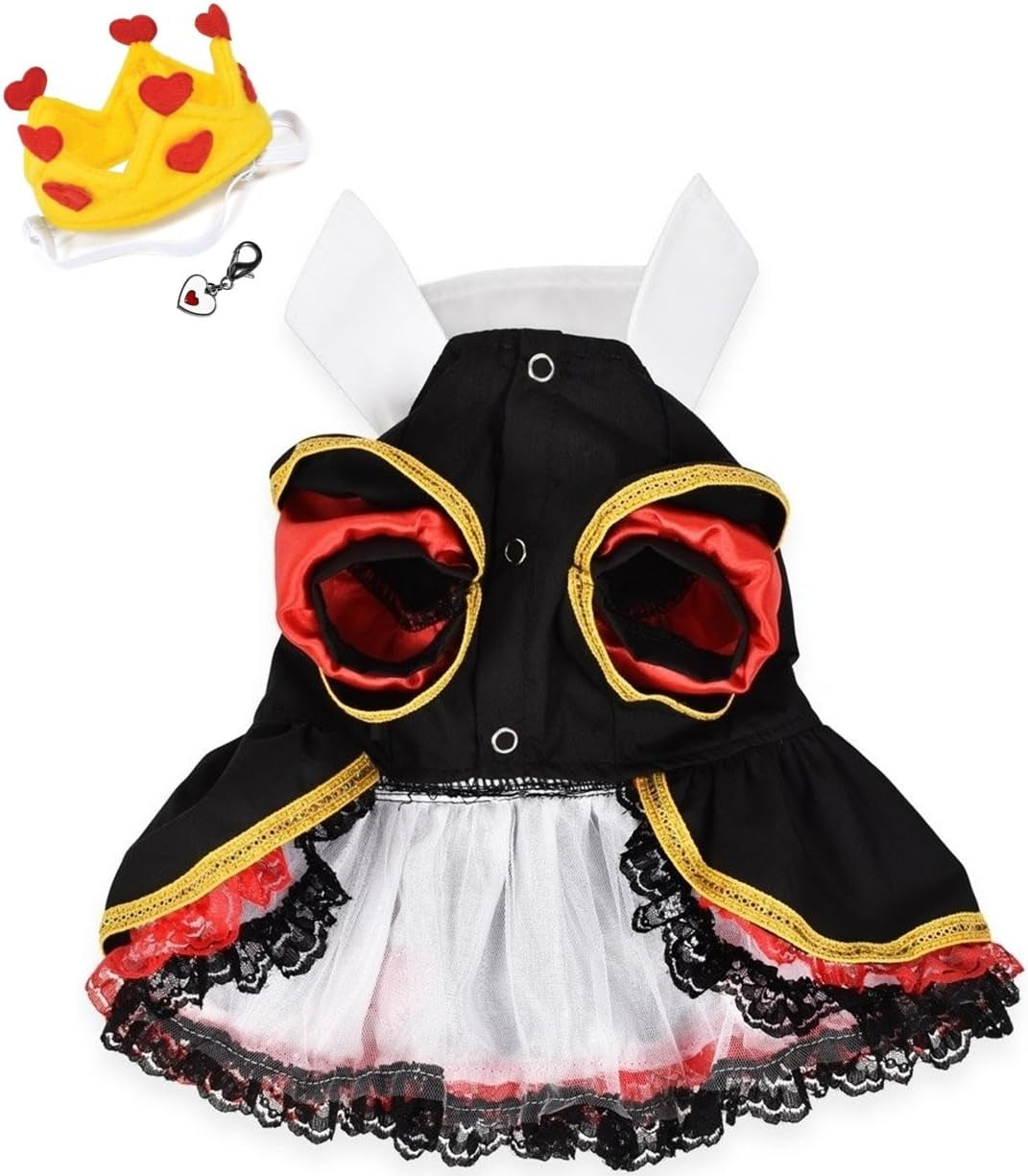 Queen of Hearts Costume Dress with Charm and Heart Crown Headpiece – for Dogs – Sizes XS Thru L (S/M – Chest 14-16”, Neck 9-10.5”, Back 10.75", Red/Black)