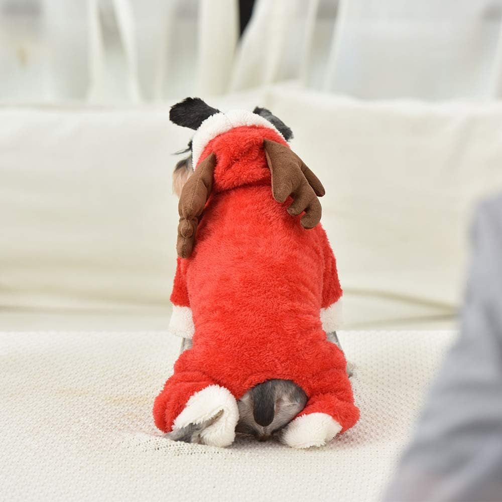 Cute Cartoon Elk Pet Costume Halloween Christmas Reindeer Cosplay Outfit Soft Warm Coral Velvet Fleece Pet Jumpsuit Winter Hooded Coat Kitten Puppy Clothes Pet Apparel for Small Dogs Cats (XL)