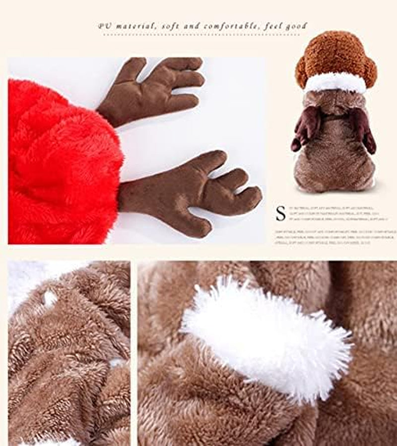 Cute Cartoon Elk Pet Costume Halloween Christmas Reindeer Cosplay Outfit Soft Warm Coral Velvet Fleece Pet Jumpsuit Winter Hooded Coat Kitten Puppy Clothes Pet Apparel for Small Dogs Cats (XL)