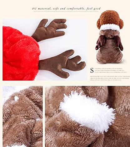Cute Cartoon Elk Pet Costume Halloween Christmas Reindeer Cosplay Outfit Soft Warm Coral Velvet Fleece Pet Jumpsuit Winter Hooded Coat Kitten Puppy Clothes Pet Apparel for Small Dogs Cats (XL)