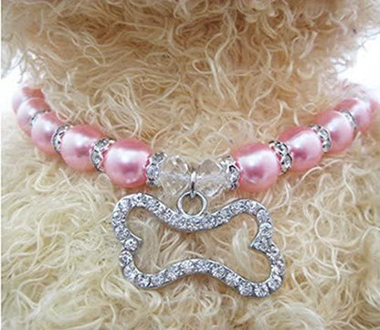 Crystal Dog Pearls Necklace Jewelry with Bling Rhinestone Bone Charm for Small Dogs Girl - Chihuahua Yorkie Clothes Costume Outfits Accessories, Adjustable (Pink, 8 to 10-Inch)