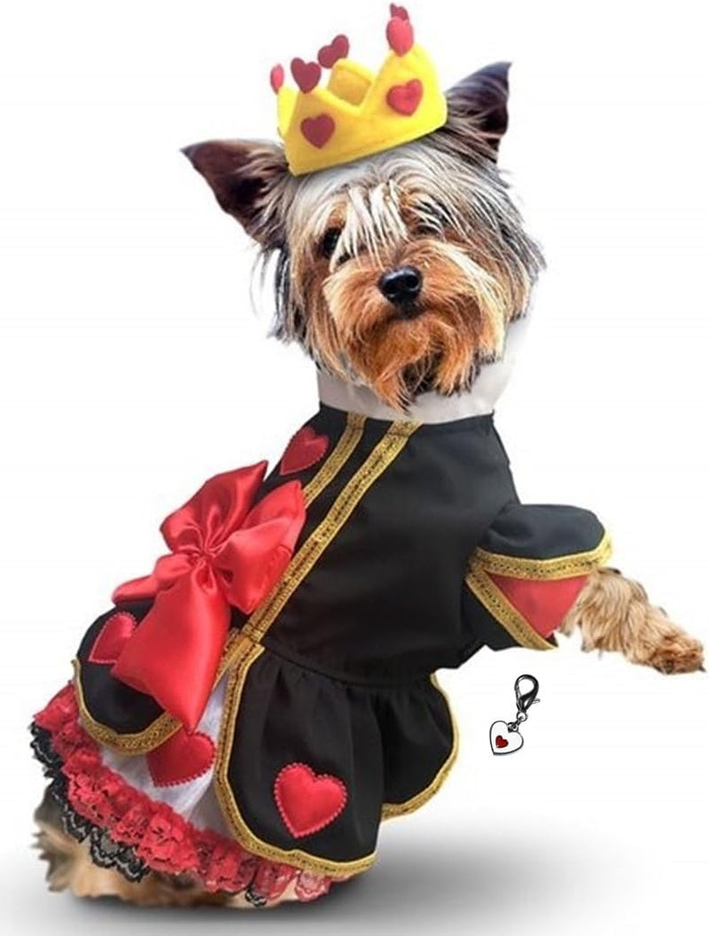 Queen of Hearts Costume Dress with Charm and Heart Crown Headpiece – for Dogs – Sizes XS Thru L (S/M – Chest 14-16”, Neck 9-10.5”, Back 10.75", Red/Black)