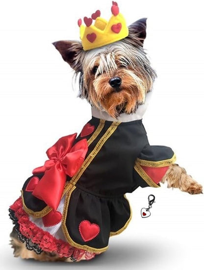 Queen of Hearts Costume Dress with Charm and Heart Crown Headpiece – for Dogs – Sizes XS Thru L (S/M – Chest 14-16”, Neck 9-10.5”, Back 10.75", Red/Black)