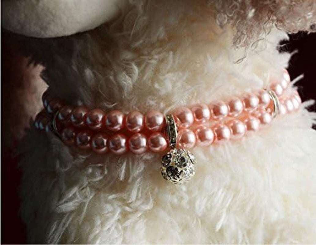 Luxury 2 Row Pearls Rhinestones Pet Cat Dog Necklace Collar Jewelry with Bling Crystal Ball Charm for Pets Cats Small Dogs Female Puppy Chihuahua Yorkie Girls (Pink, 8 to 10-Inch)