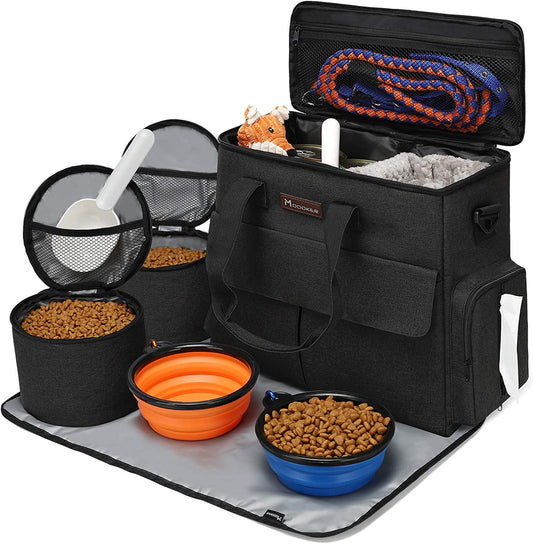 Dog Travel Bag by  - Dog Travel Kit for a Weekend Away Set Includes Pet Travel Bag Organizer for Accessories, 2 Collapsible Bowls, 2 Travel Food Container (Black)