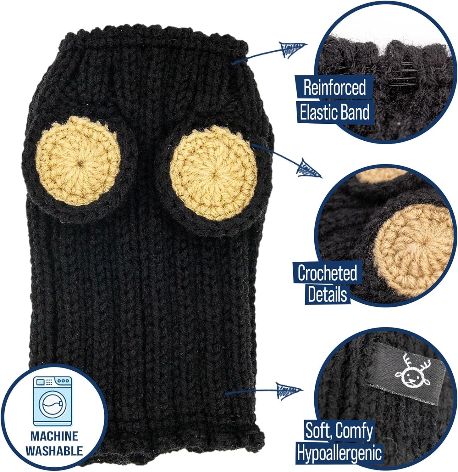 Black Bear Costume - Warm Knit Dog Snood Wrap for Pets, Neck Ear Cover Protection, Halloween Winter (Large)