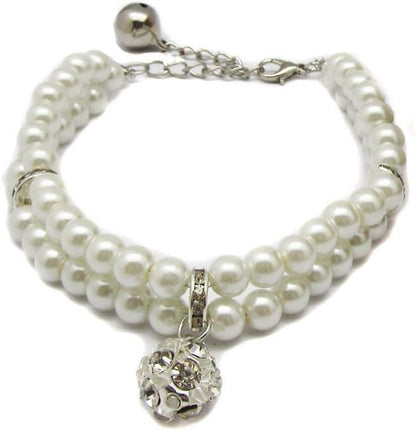 2 Row Pearls Rhinestones Pet Cat Dog Necklace Collar Jewelry with Bling Crystal Ball Charm for Pets Cats Small Dogs Female Puppy Chihuahua Yorkie Girls (White, 8 to 10-Inch)