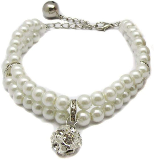 2 Row Pearls Rhinestones Pet Cat Dog Necklace Collar Jewelry with Bling Crystal Ball Charm for Pets Cats Small Dogs Female Puppy Chihuahua Yorkie Girls (White, 8 to 10-Inch)