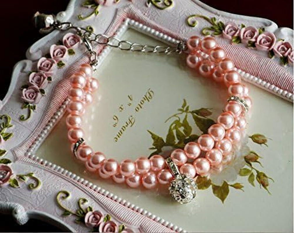 Luxury 2 Row Pearls Rhinestones Pet Cat Dog Necklace Collar Jewelry with Bling Crystal Ball Charm for Pets Cats Small Dogs Female Puppy Chihuahua Yorkie Girls (Pink, 8 to 10-Inch)
