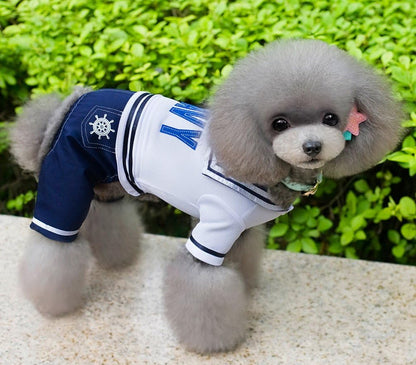 Boy Navy Captain Costume Jumpsuit Seaman Outfits for Small Dog Cat Puppy Tee Shirts with Pants Chihuahua Clothes M