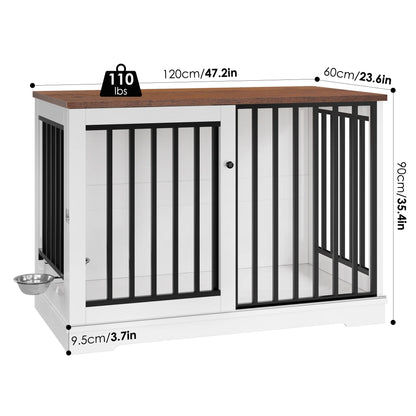 Dog Crate Furniture, 47.2''W Wooden Indoor Dog Cage Table with Sliding & Lockable Doors, White