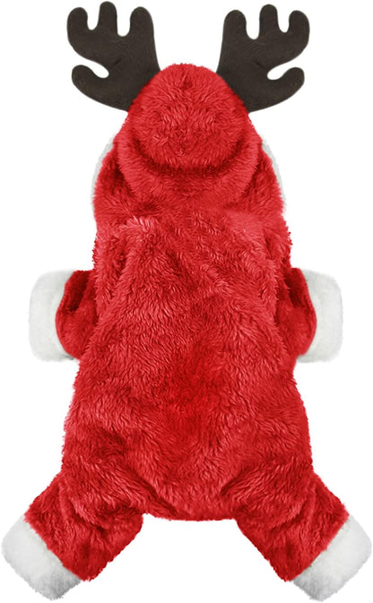 Cute Cartoon Elk Pet Costume Halloween Christmas Reindeer Cosplay Outfit Soft Warm Coral Velvet Fleece Pet Jumpsuit Winter Hooded Coat Kitten Puppy Clothes Pet Apparel for Small Dogs Cats (XL)