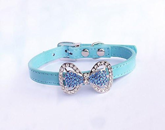 Leather Rhinestone Bow Tie Pet Cat Dog Collar Necklace Jewelry for Small Dogs Girl Kitten Puppy Teacup Chihuahua Yorkie Clothes Costume Outfits (8.7 to 10.7-Inch, Blue)