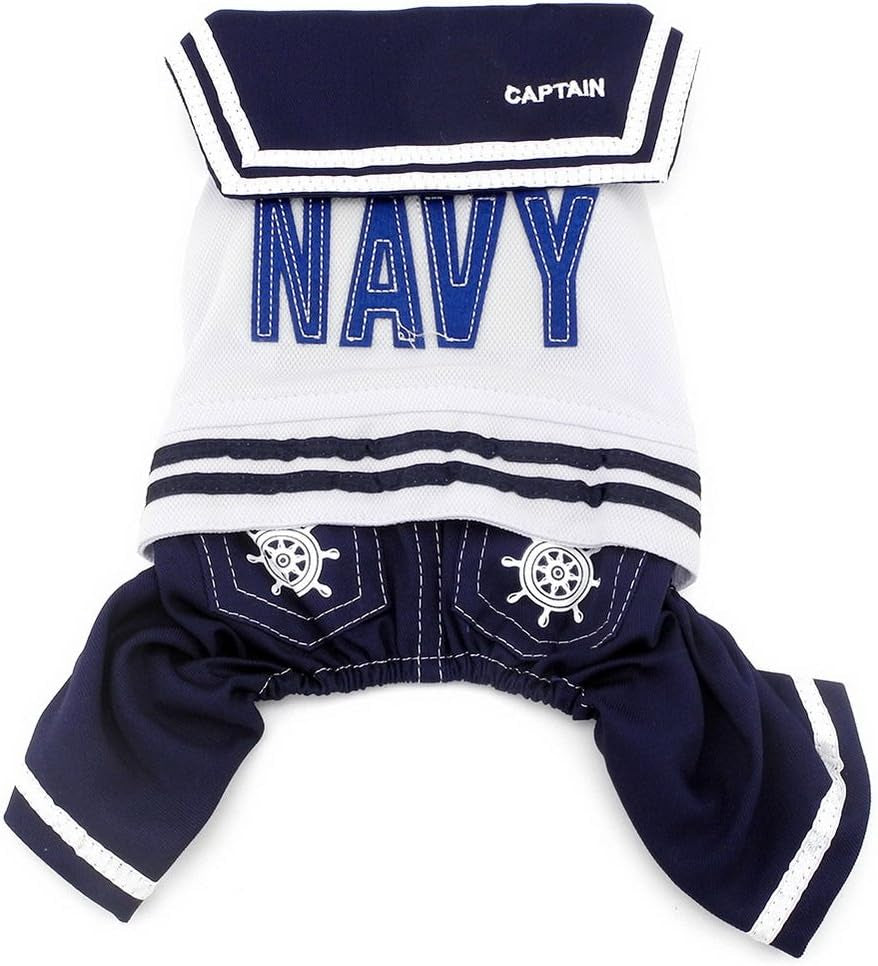 Boy Navy Captain Costume Jumpsuit Seaman Outfits for Small Dog Cat Puppy Tee Shirts with Pants Chihuahua Clothes M