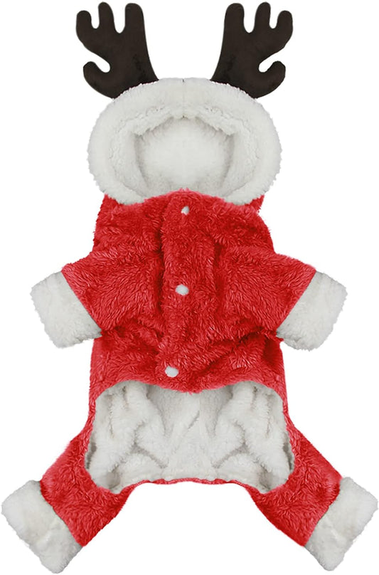 Cute Cartoon Elk Pet Costume Halloween Christmas Reindeer Cosplay Outfit Soft Warm Coral Velvet Fleece Pet Jumpsuit Winter Hooded Coat Kitten Puppy Clothes Pet Apparel for Small Dogs Cats (XL)
