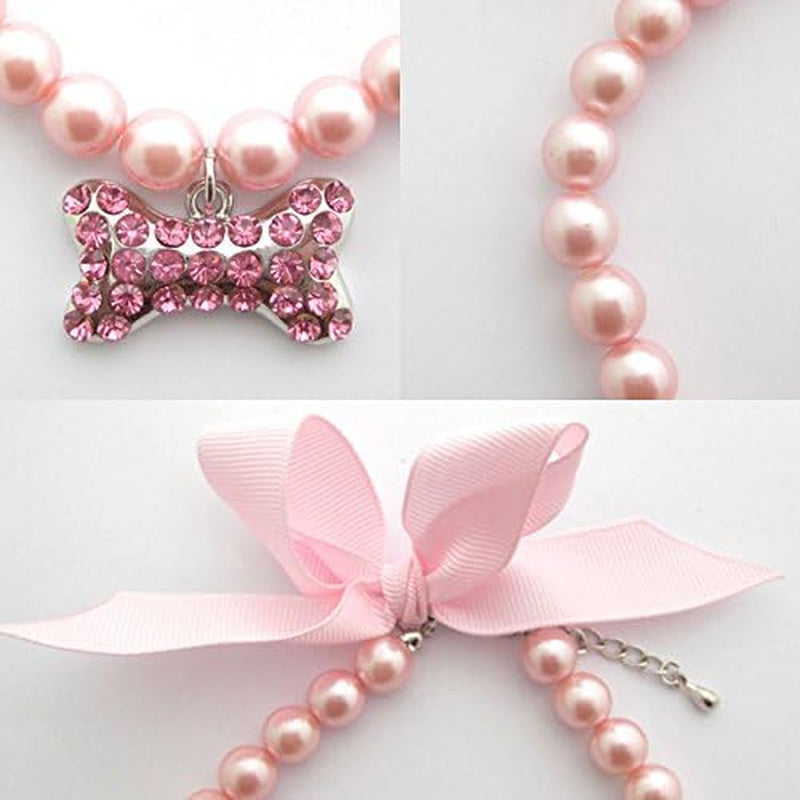Fancy Pearls Crystal Dog Necklace Jewelry with Bling Rhinestones Big Bone Charm for Pets Cats Small Dogs Girl Teacup Chihuahua Yorkie Clothes Costume Outfits (Pink, 12 to 13.7-Inch)