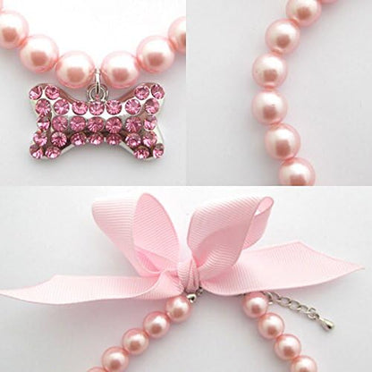 Fancy Pearls Crystal Dog Necklace Jewelry with Bling Rhinestones Big Bone Charm for Pets Cats Small Dogs Girl Teacup Chihuahua Yorkie Clothes Costume Outfits (Pink, 12 to 13.7-Inch)