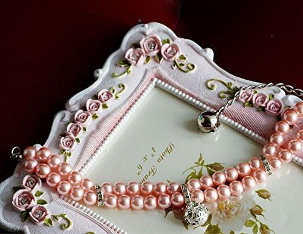 Luxury 2 Row Pearls Rhinestones Pet Cat Dog Necklace Collar Jewelry with Bling Crystal Ball Charm for Pets Cats Small Dogs Female Puppy Chihuahua Yorkie Girls (Pink, 8 to 10-Inch)