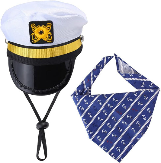 Pet Captain Sailors Costume Set Dog Cat Sea Captain Hat with Pet Anchor Triangle Bibs Scarf for Cat Puppy Navy Halloween Cosplay Costume Accessories Photo Props (White-A)